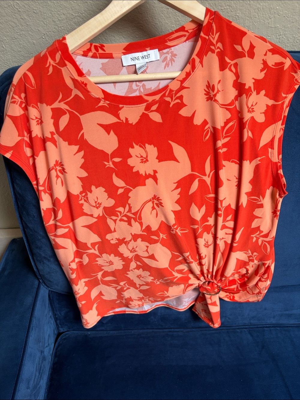 Nine West Orange Coral Floral Knot-Tie Crop Top